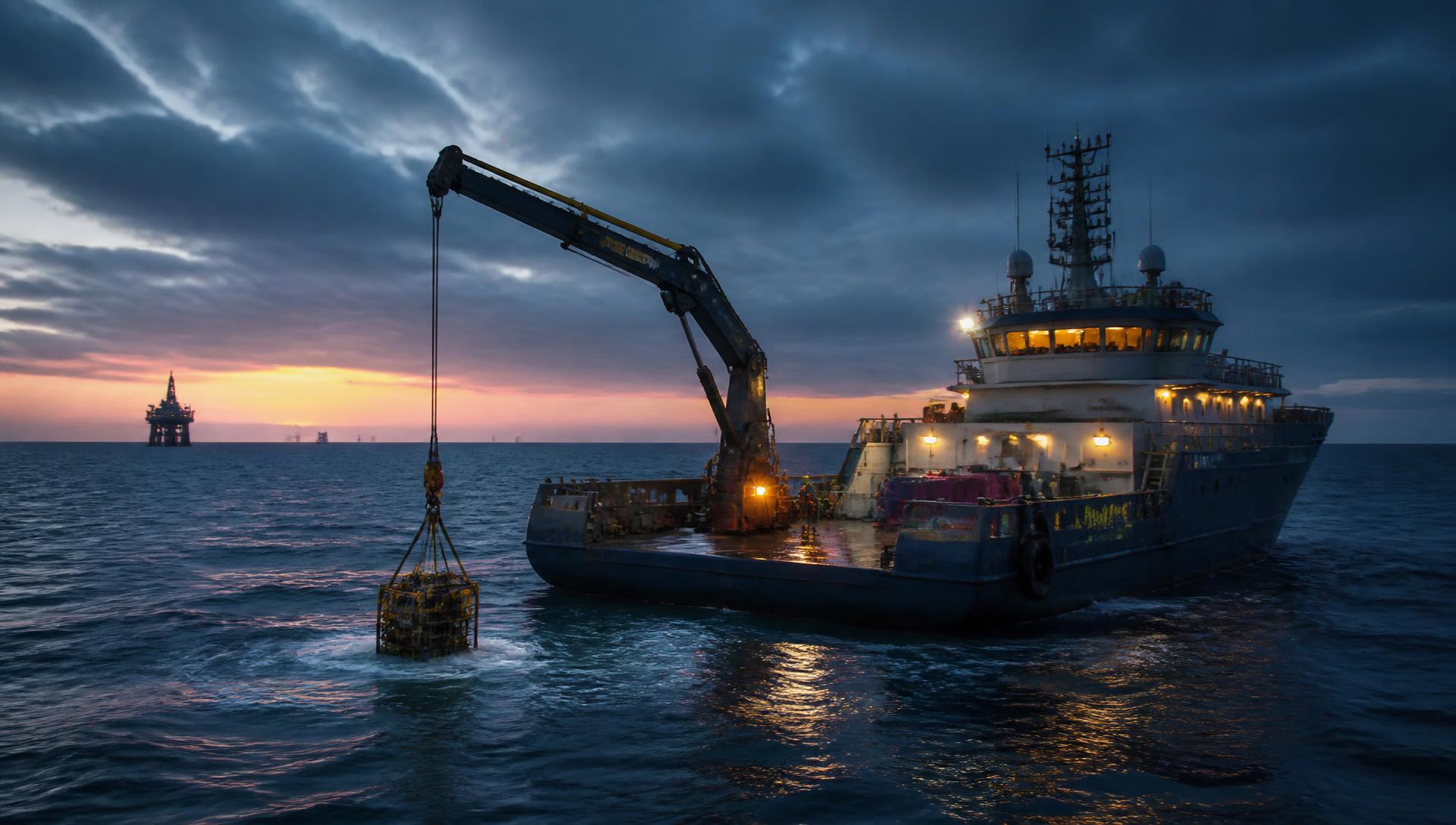 Offshore support vessel lowering subsea equipment at dusk